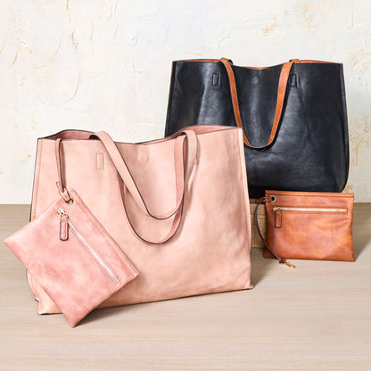 Women's Faux Leather Reversible Tote Bag with Matching Purse