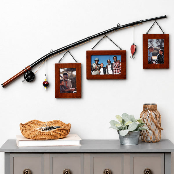 display photos hanging from an old fishing pole ZFLYCANP Wood Picture Frame, Rustic Fishing Themed Photo Display, Fisherman Gift Frame for Wall & Tabletop, Farmhouse Decor for Cabin Lake House Home Office Home Fishing Themed Decor with Hanging Frames is a unique way to show off memories of fishing trips and more What to display for 18th