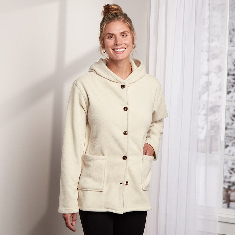Women's Button-Up Fleece Jacket with Hood#select-color_cream