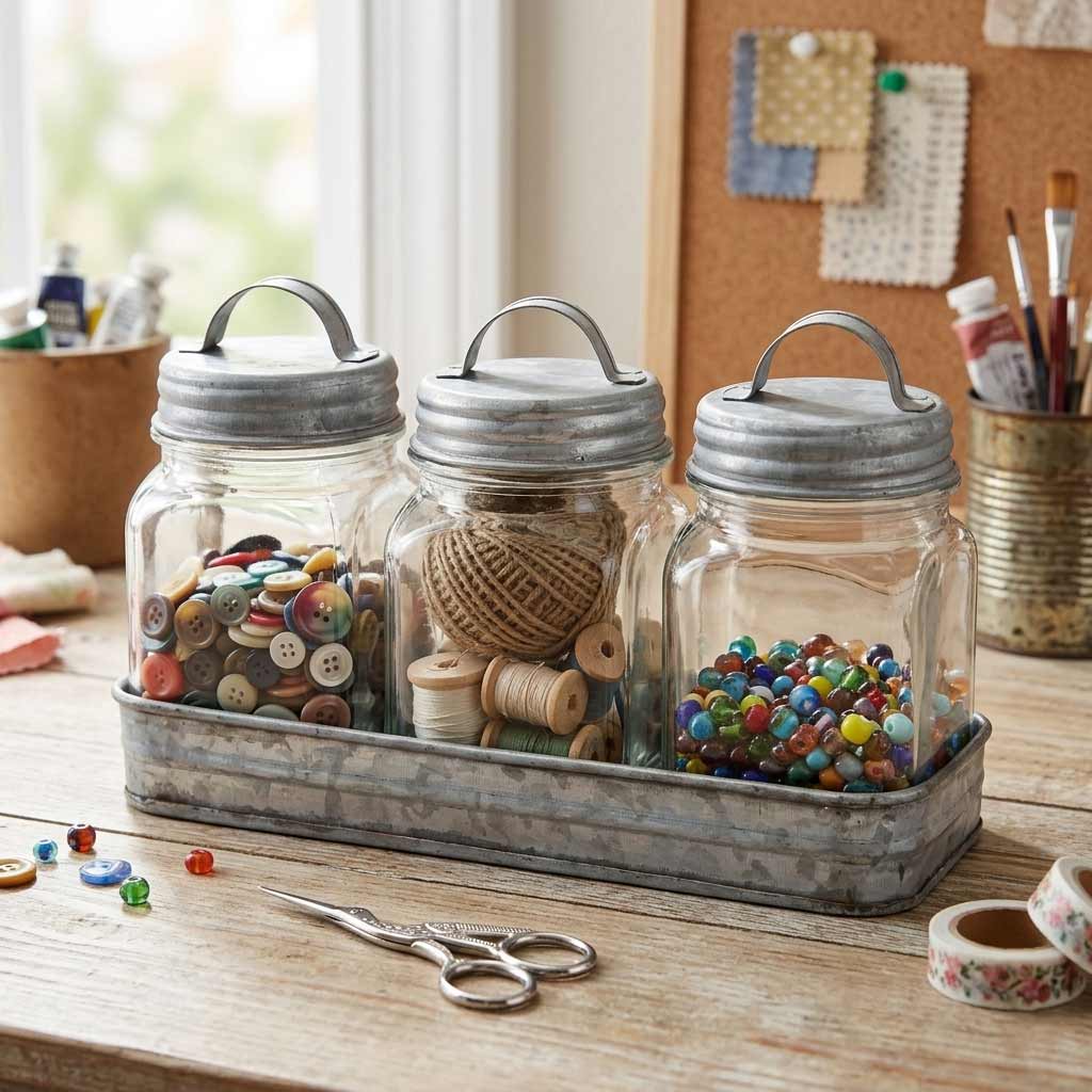Set of 3 Glass Canisters in Galvanized Tray