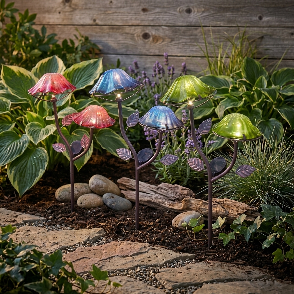 Solar-Powered Double Mushroom Stake – Pink, Green, and Blue