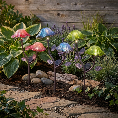 Solar-Powered Double Mushroom Stake – Pink, Green, and Blue