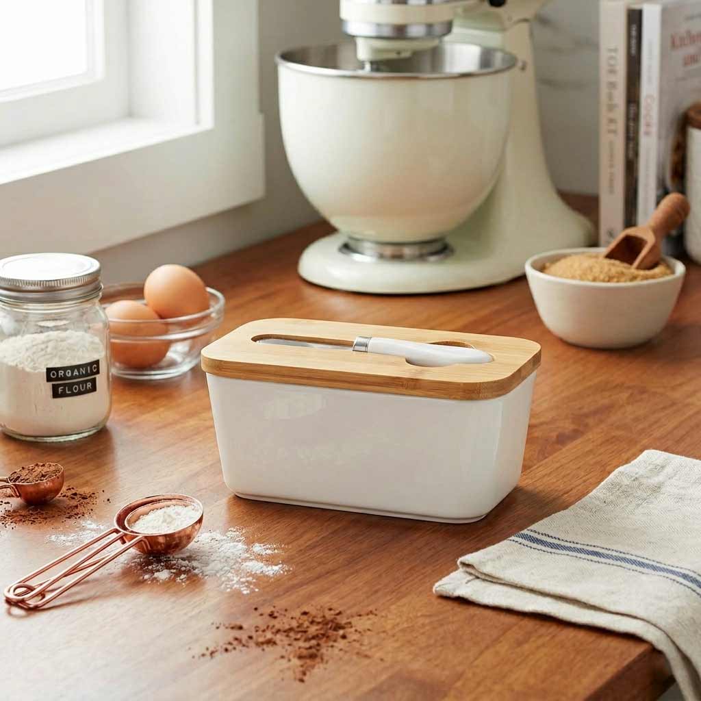 Countertop Ceramic Butter Dish with Bamboo Lid - Knife Included