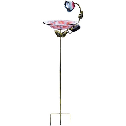 Glass Birdbath with Metal Stake – Red Flower Design