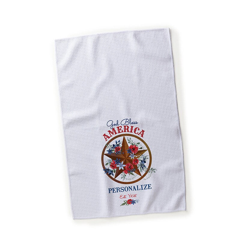Personalized Patriotic Star Floral Waffle Tea Towel
