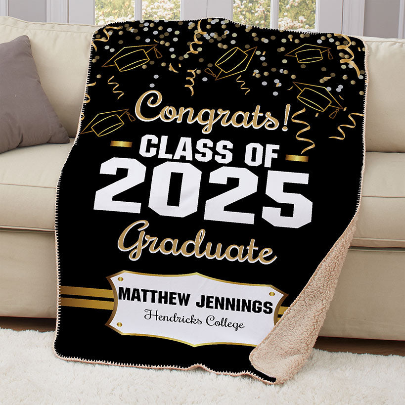 Personalized Gold Confetti Graduation Throw Blanket