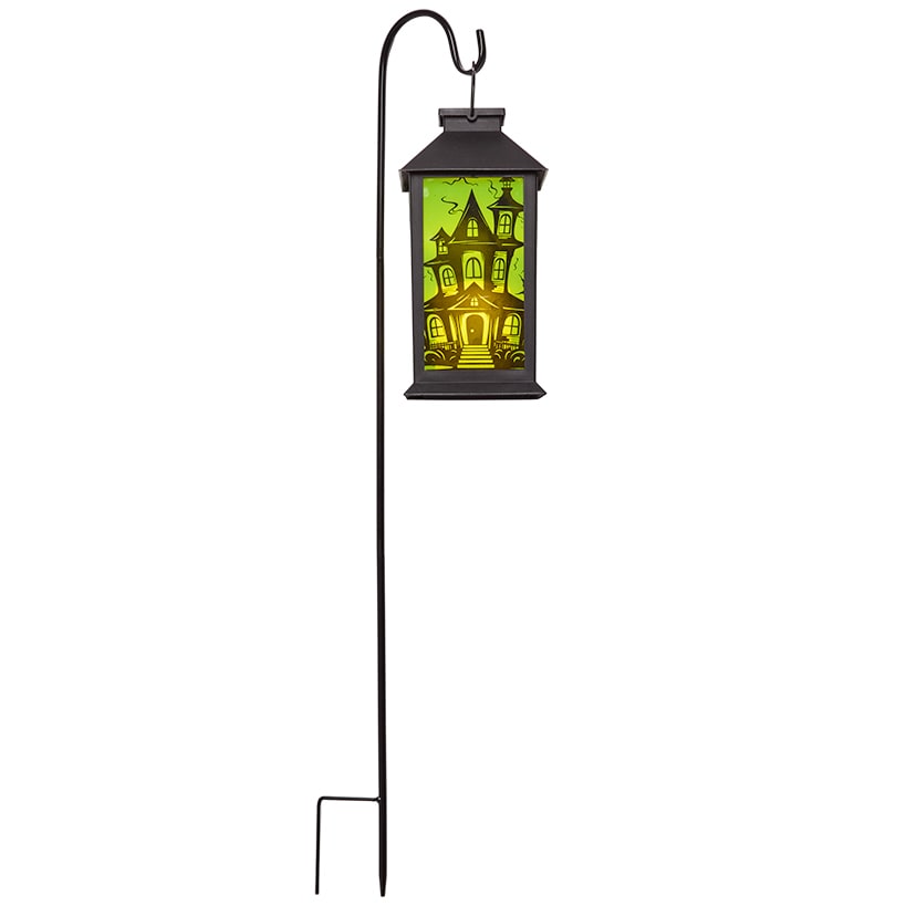 Halloween Lantern Solar Green With Haunted House Or Purple With Witch