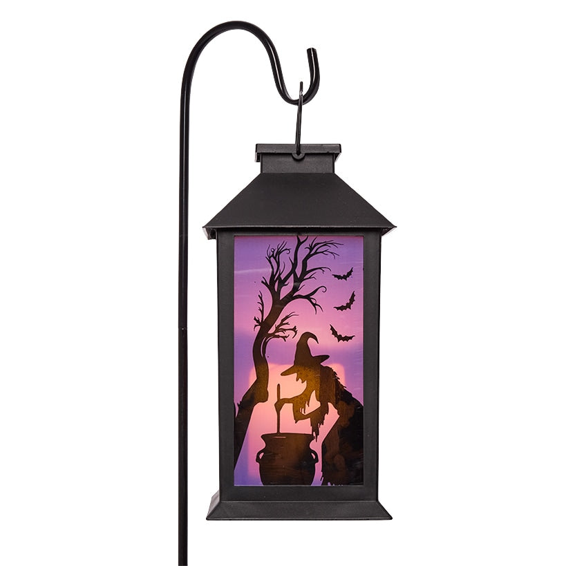 Halloween Lantern Solar Green With Haunted House Or Purple With Witch#select-lantern_witch