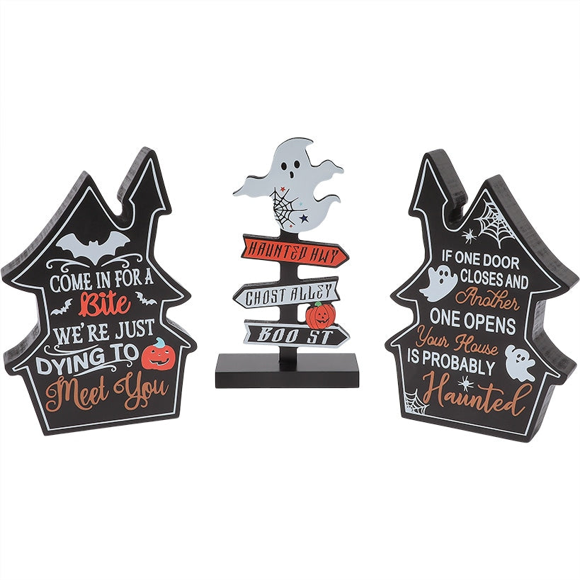 Halloween Tabletop Wood Decor In Black Cat Or Haunted Lane Trio