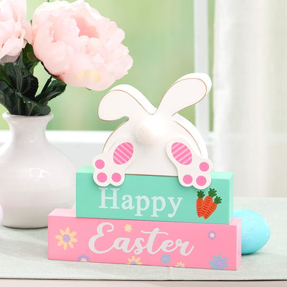 Happy Easter Stacked Block Sign with Bunny - Natural or Spring