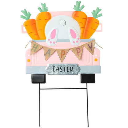 Happy Easter Pink Truck Stake With Hopping Bunny And Carrots