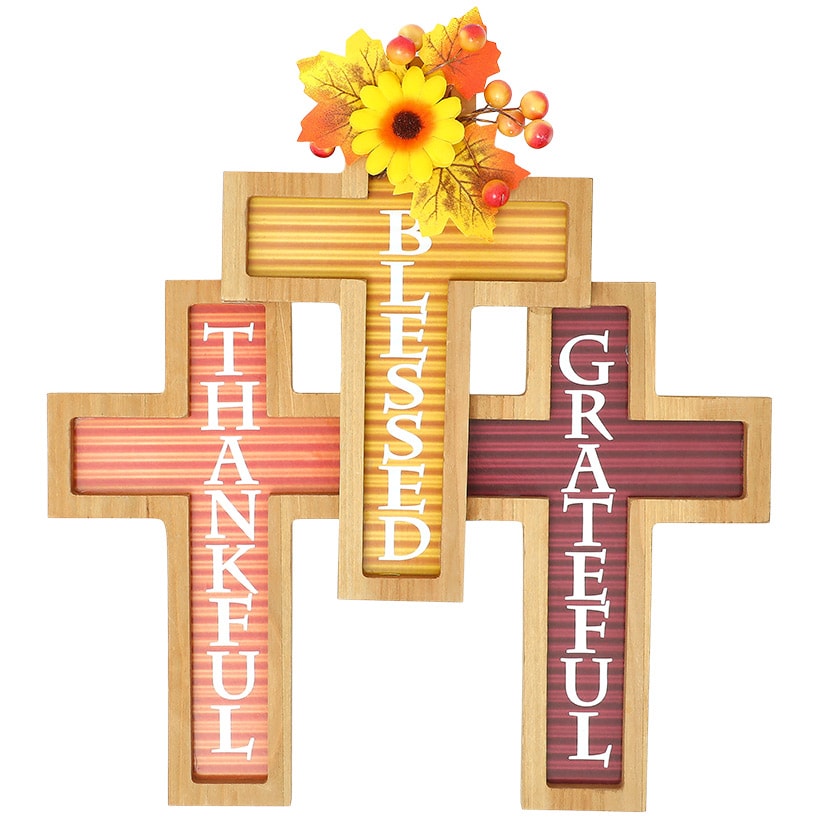 Cross Harvest Wall Decor With Sentiment Thankful Blessed And Grateful