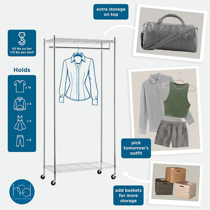 Chrome Heavy-Duty Rolling Clothes Rack with 2 Shelves