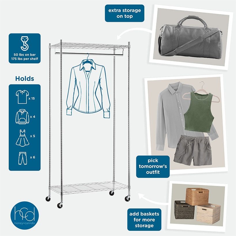 Chrome Heavy-Duty Rolling Clothes Rack with 2 Shelves