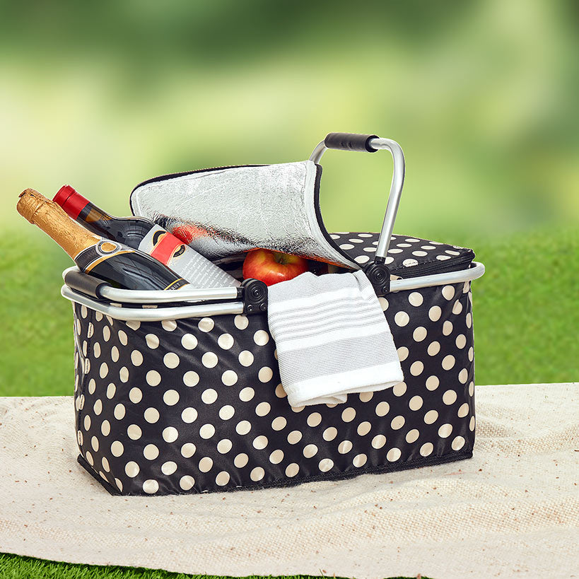 Insulated Cooler Picnic Basket Handles Zip Closure Floral Or Polka Dot#select-basket_polka-dots