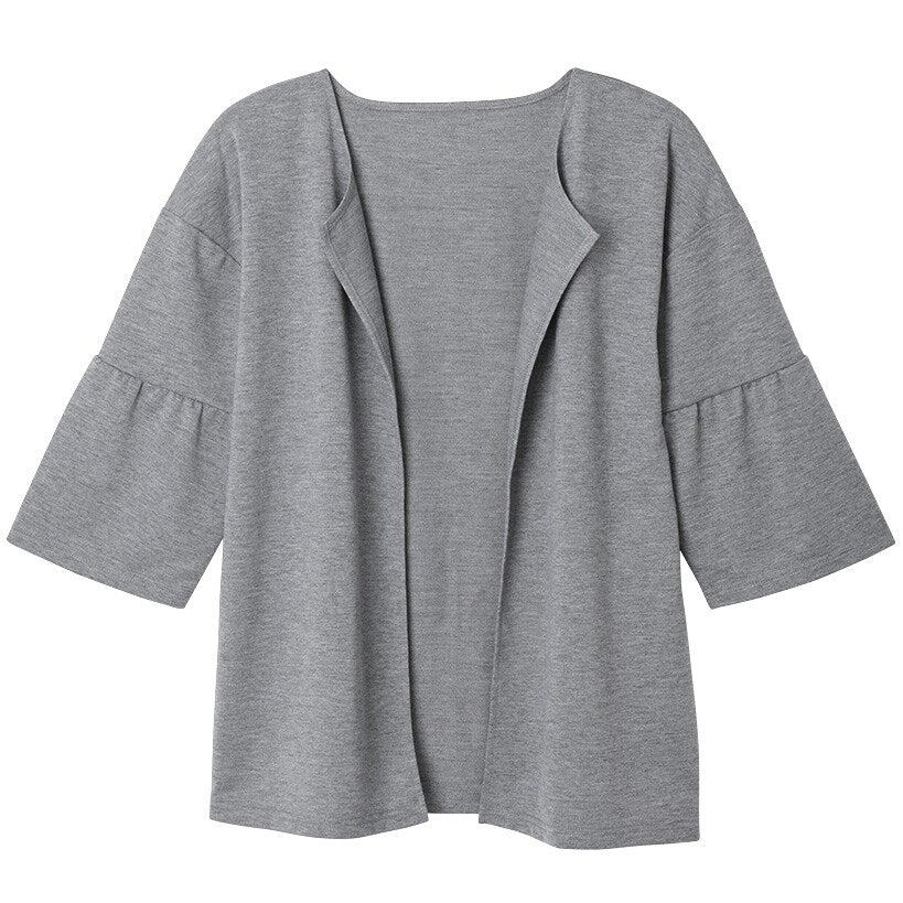 Open Front Cardigan with Ruffle 3/4 Sleeve#select-color_gray