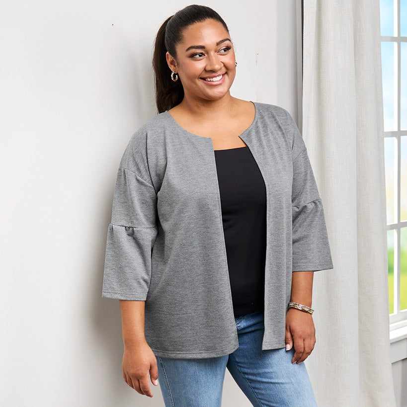 Open Front Cardigan with Ruffle 3/4 Sleeve