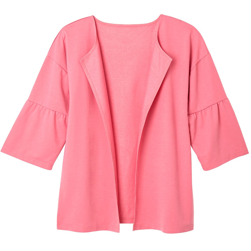 Open Front Cardigan with Ruffle 3/4 Sleeve#select-color_pink