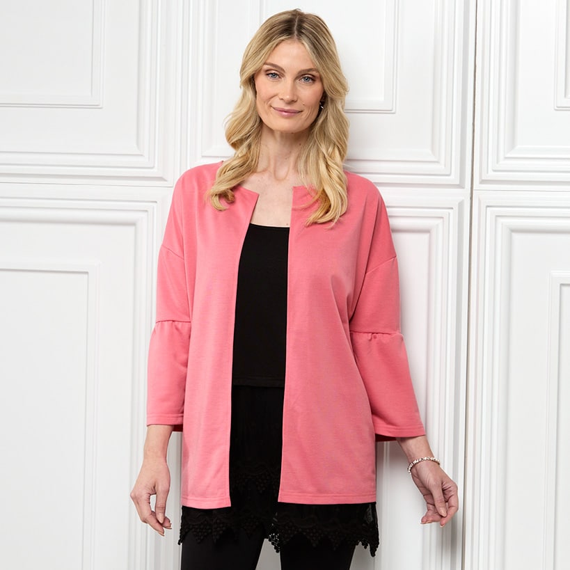 Open Front Cardigan with Ruffle 3/4 Sleeve#select-color_pink