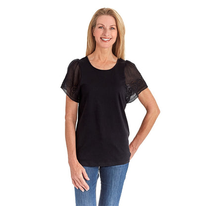 Flutter Sleeve Eyelet Knit Tops