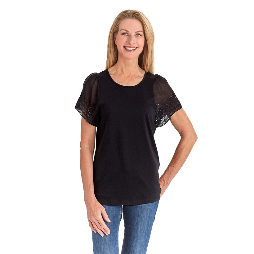 Flutter Sleeve Eyelet Knit Tops