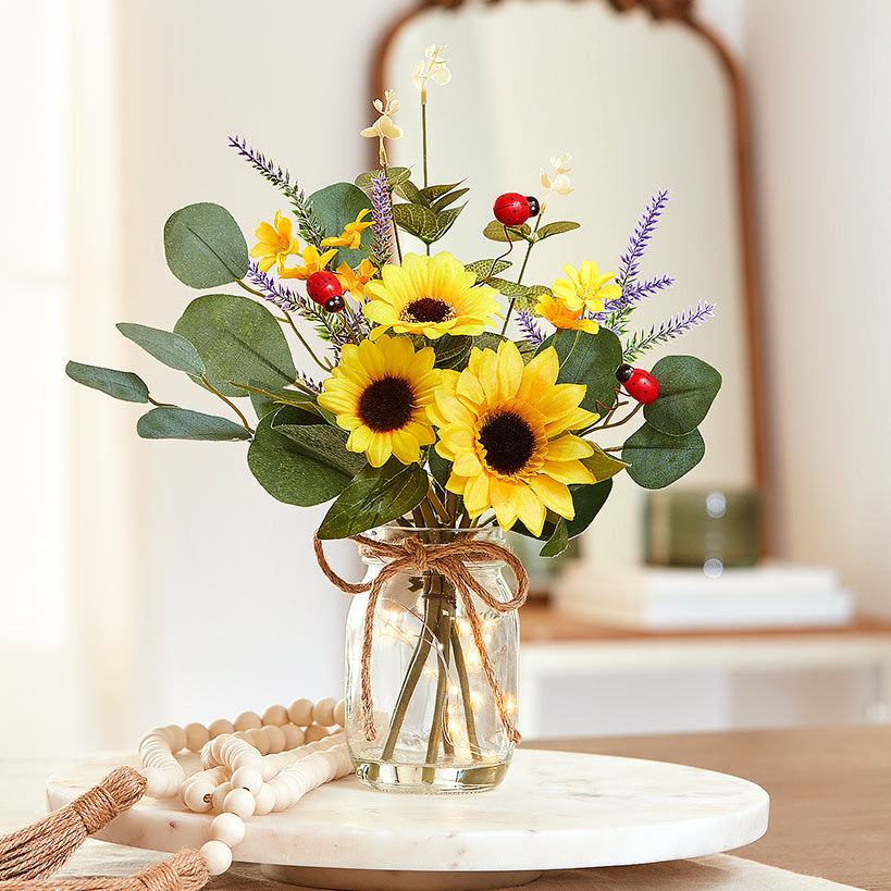 Floral Vase Bouquet With Fairy Lights Sunflower Greenery Mix Or Daisy#select-vase_sunflower
