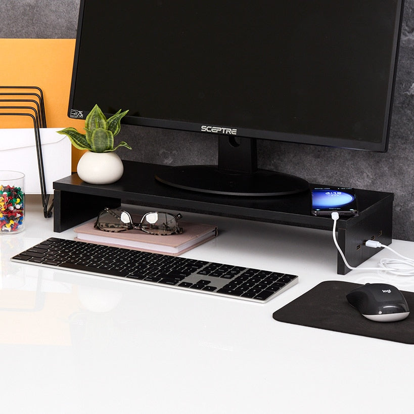 Monitor Stand Wooden Riser 4 USB 2.0 Charging Ports Black Or White#select-color_black