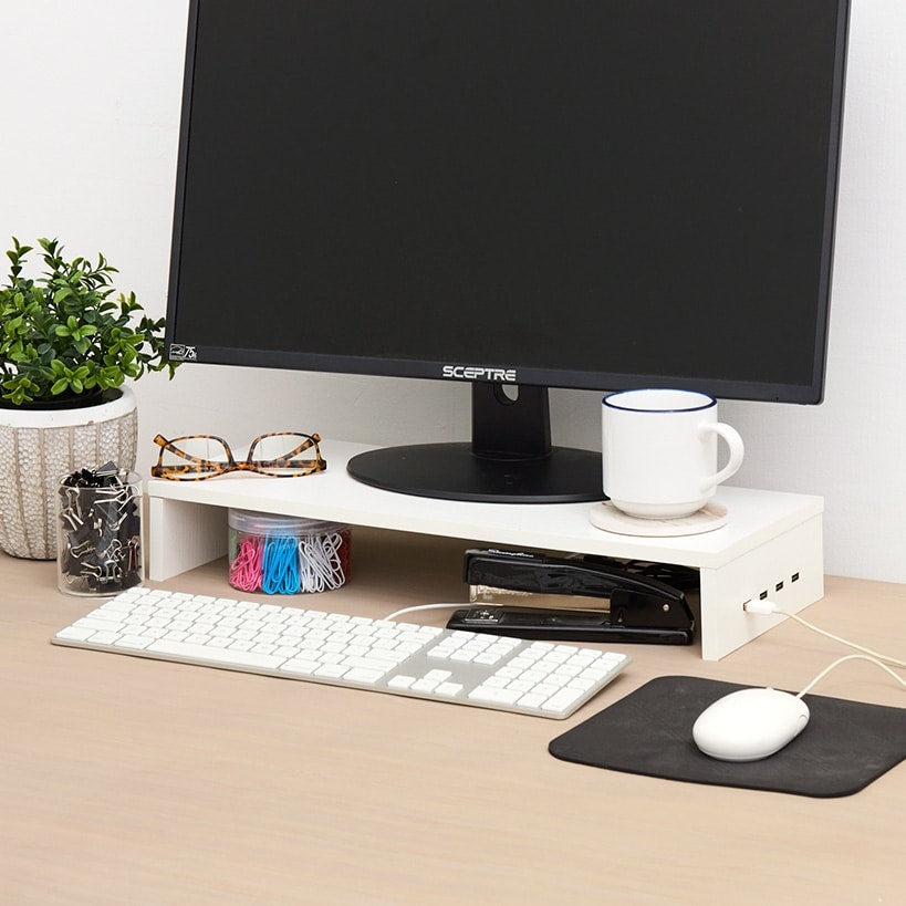 Monitor Stand Wooden Riser 4 USB 2.0 Charging Ports Black Or White#select-color_white