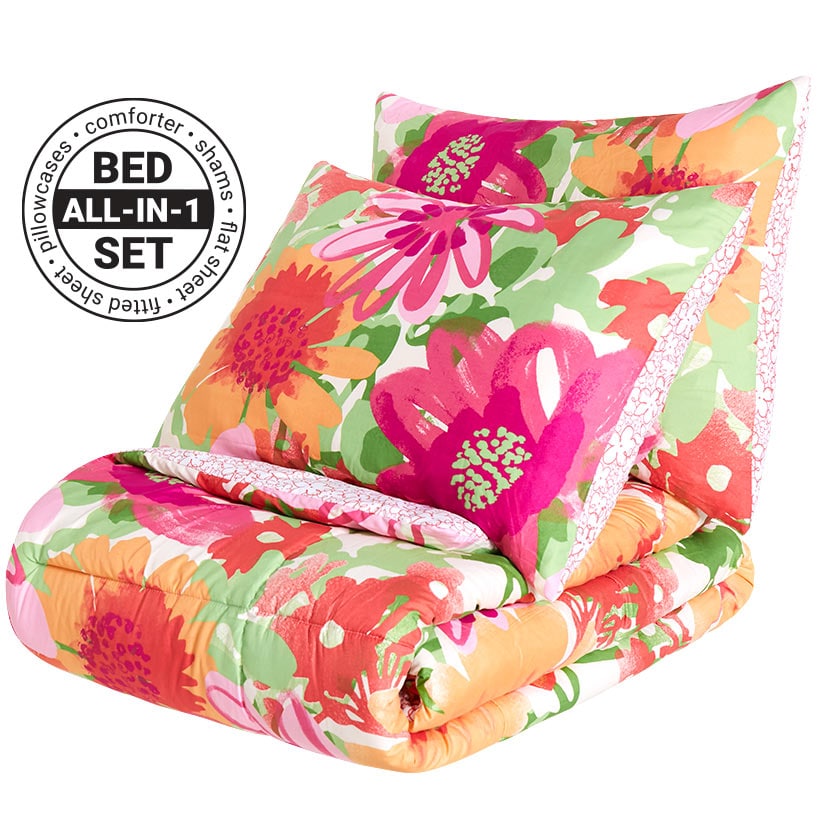 Summer Floral Reversible Queen or King Complete Comforter Set
