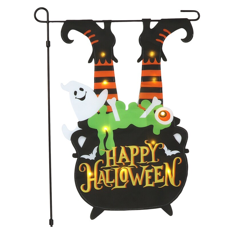 Halloween Flag Witch Cauldron Lighted With Pole And Happy Halloween