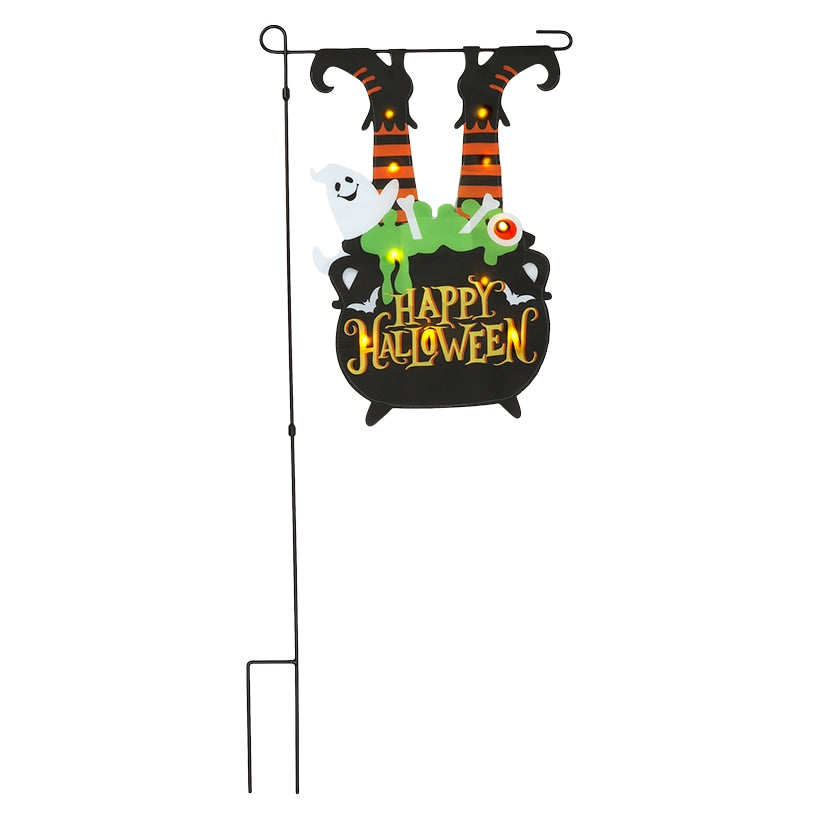 Halloween Flag Witch Cauldron Lighted With Pole And Happy Halloween