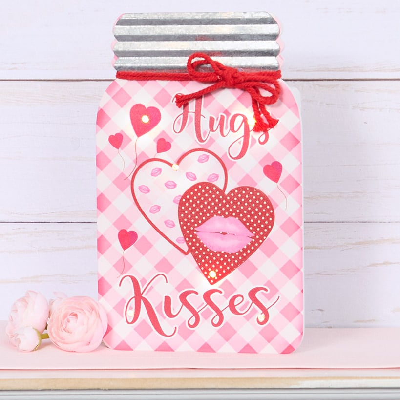Valentine's and St Patrick's Lighted Mason Jar Wall Plaque With Saying#select-plaque_hugs-and-kisses