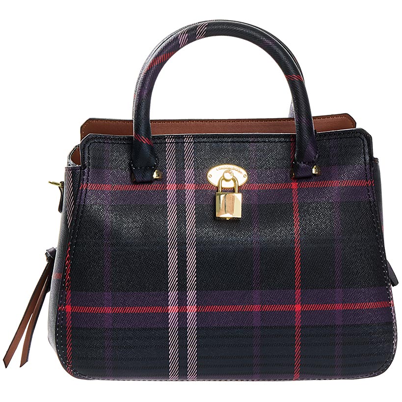 London Fog Kate Triple Satchel Plaid 2 Slip 2 Zip Purse