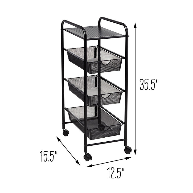 Metal Mesh 3-Drawer Storage Cart Black
