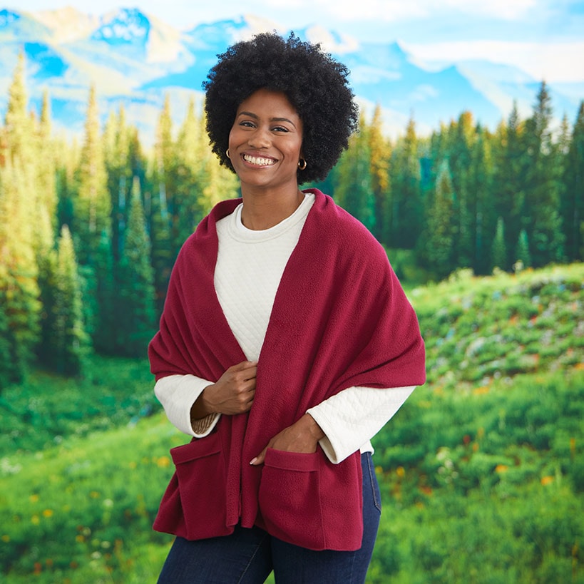 Women's Red Fleece Shawl Wrap with Pockets#select-size_plus/2x-3x