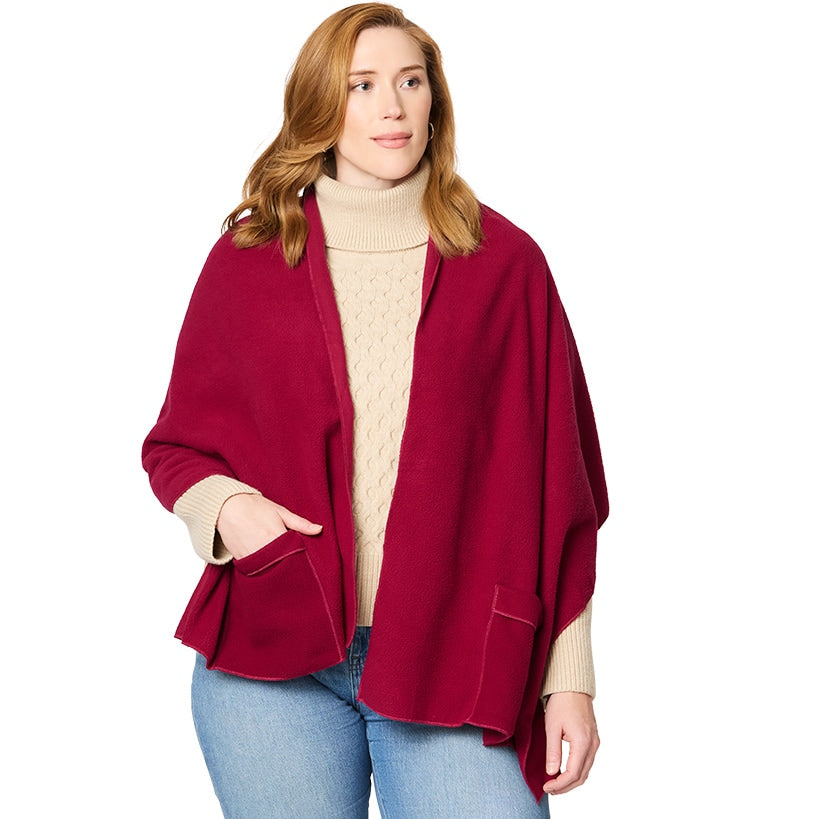 Women's Red Fleece Shawl Wrap with Pockets