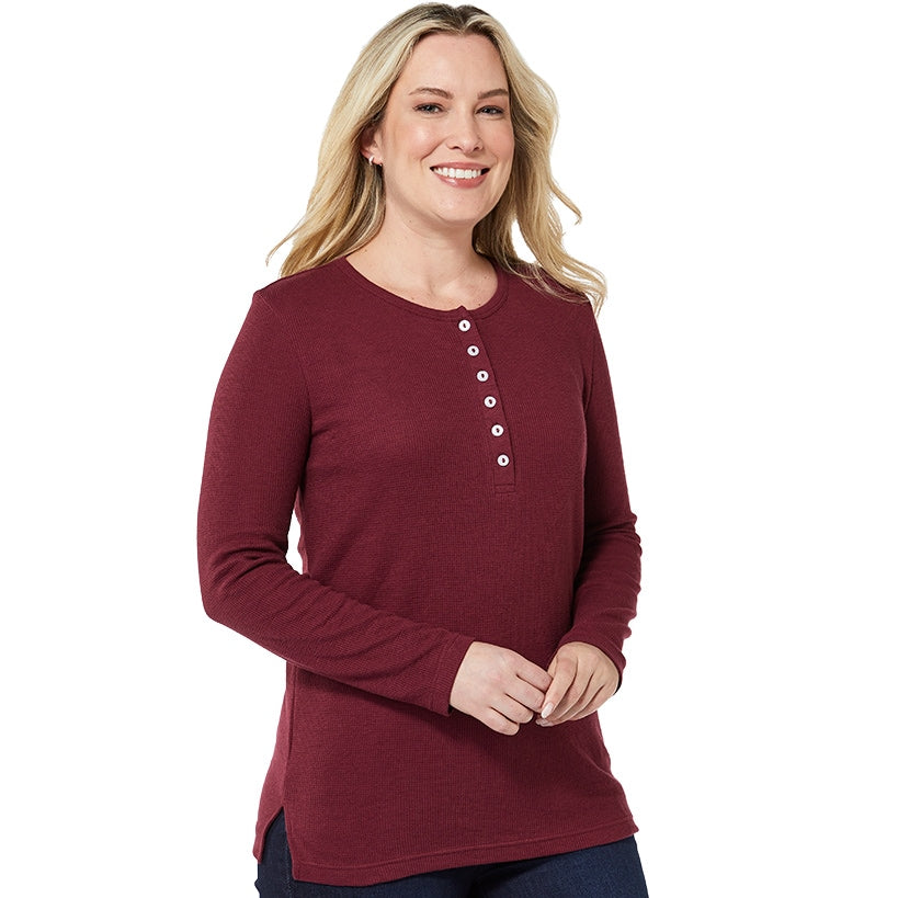 Women's Long Sleeve Thermal Henley Top with Buttons