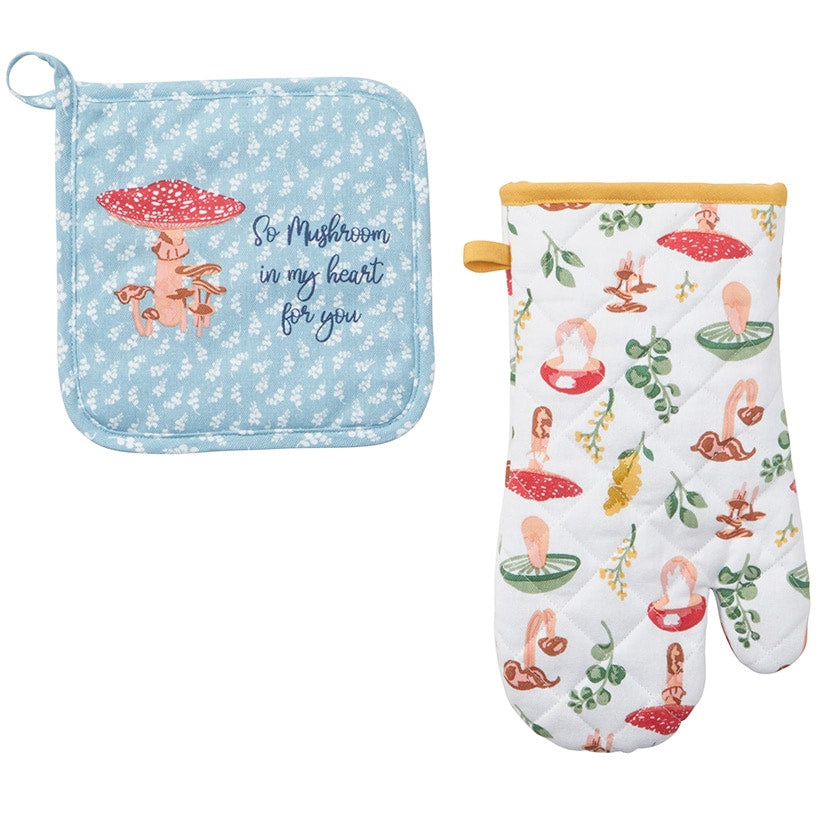 Spring Mushroom Set of 2 Kitchen Towels or Oven Mitt and Potholder Set