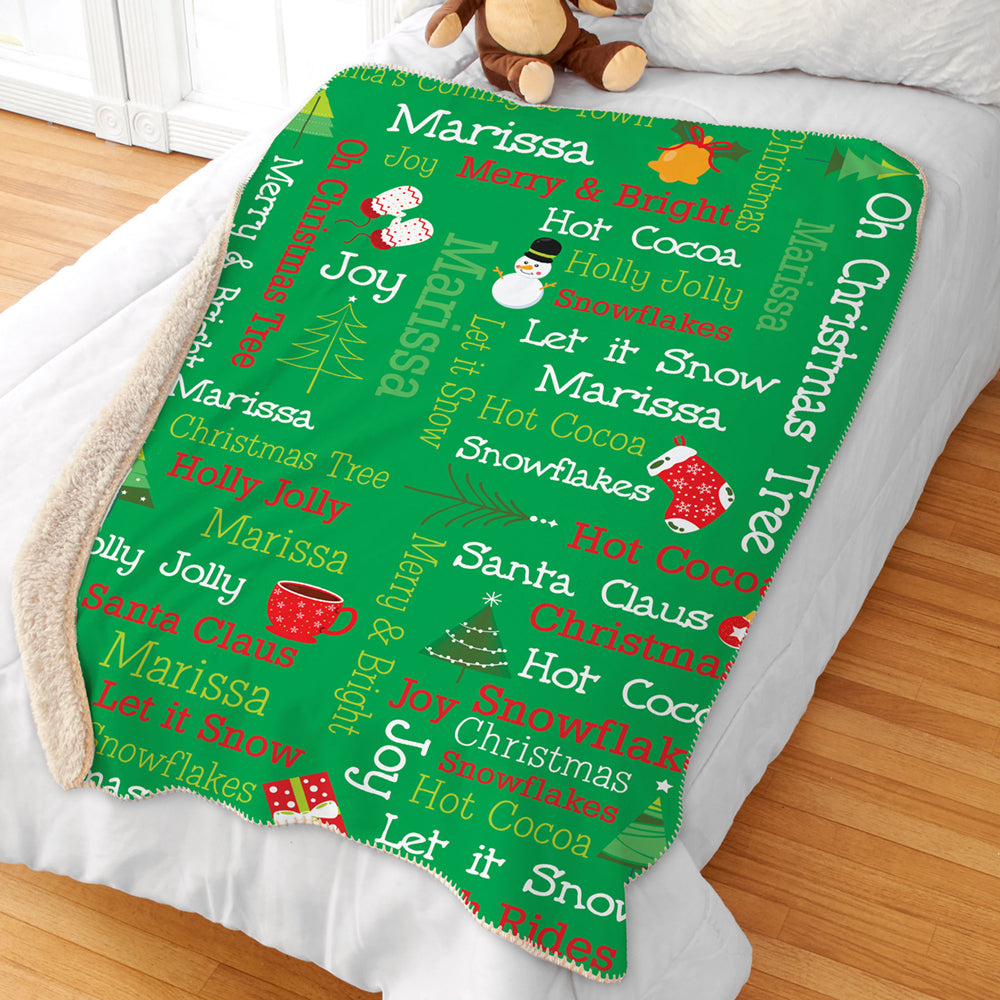 Personalized Christmas Word Art Sherpa Throw