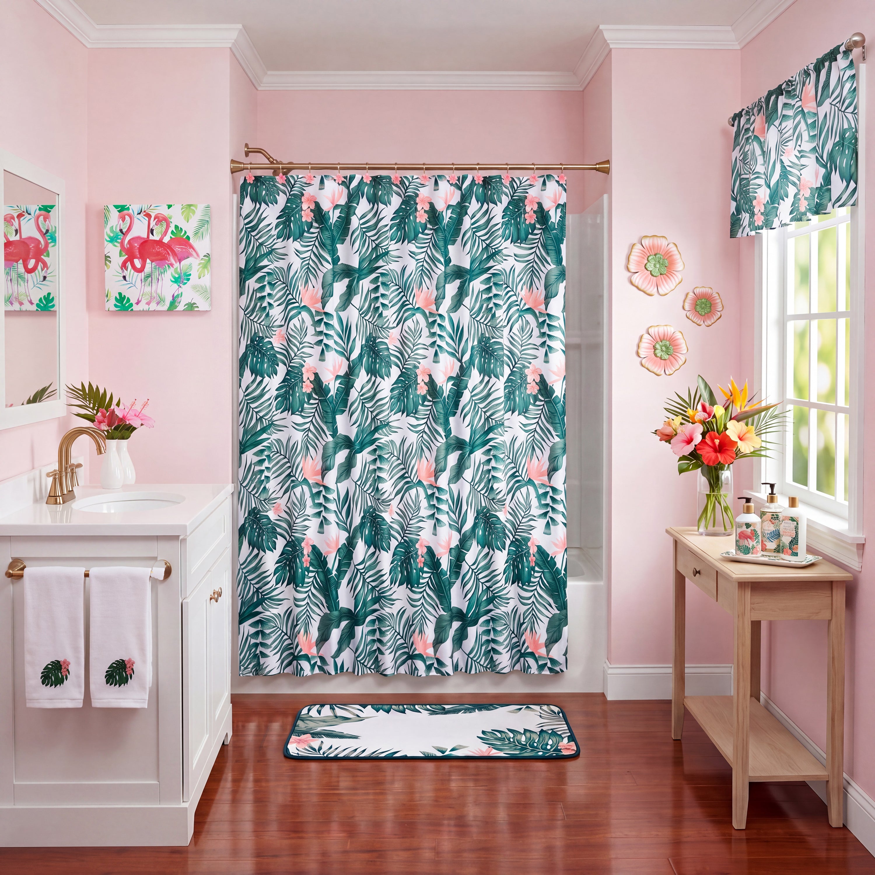 Palm Floral Shower Curtain, Bath Rug, Hand Towels, Valance, or Hooks