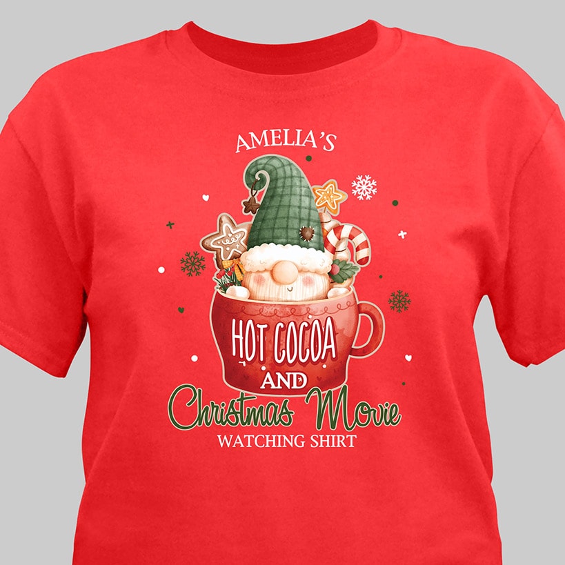 Personalized Christmas Movie and Cocoa Gnome T-Shirt Red