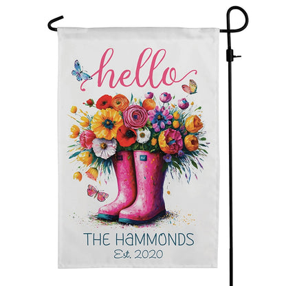 Personalized Hello Spring Floral Rain Boots Garden Flag