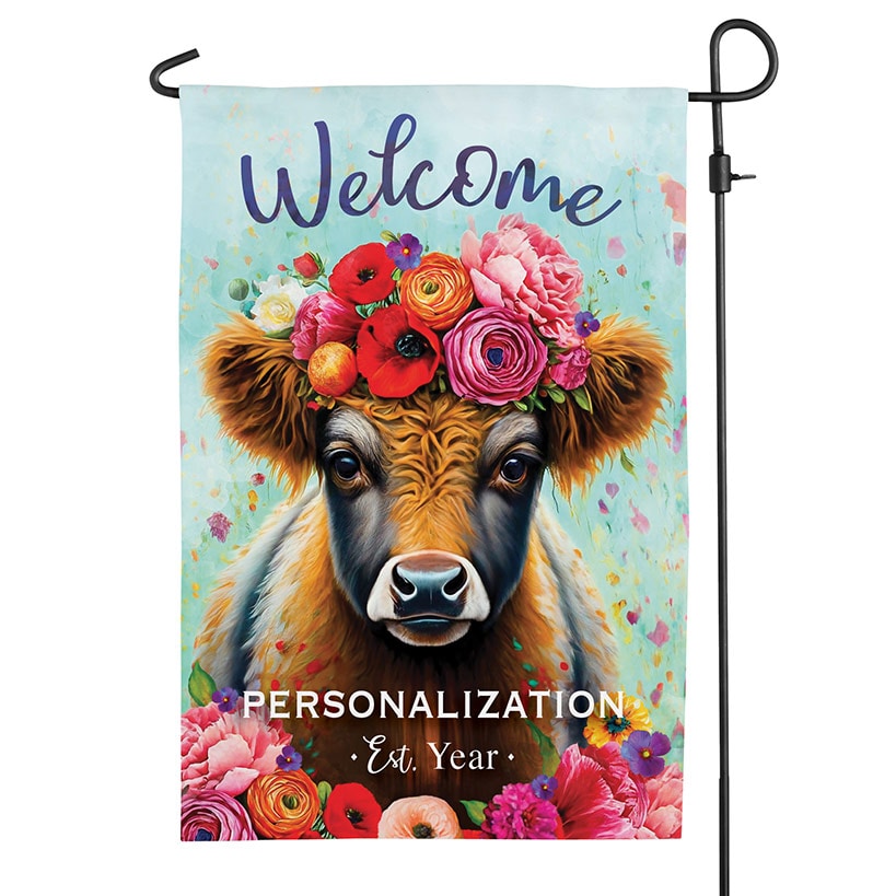 Personalized Floral Highland Cow Welcome Garden Flag