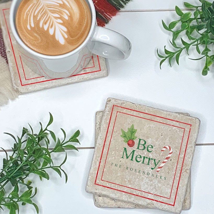 Personalized Christmas Travertine Coaster Set of 4