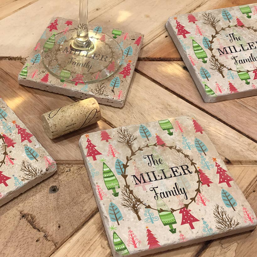 Personalized Christmas Travertine Coaster Set of 4