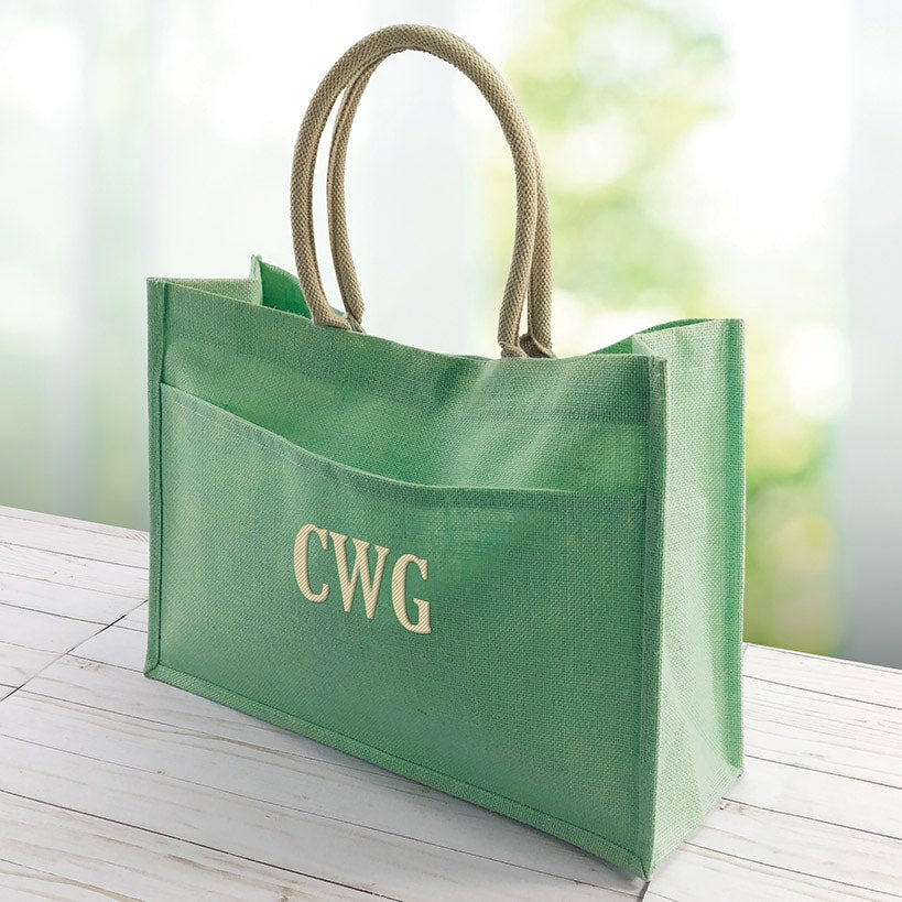 Personalized Jute Pocket Mint Green Tote