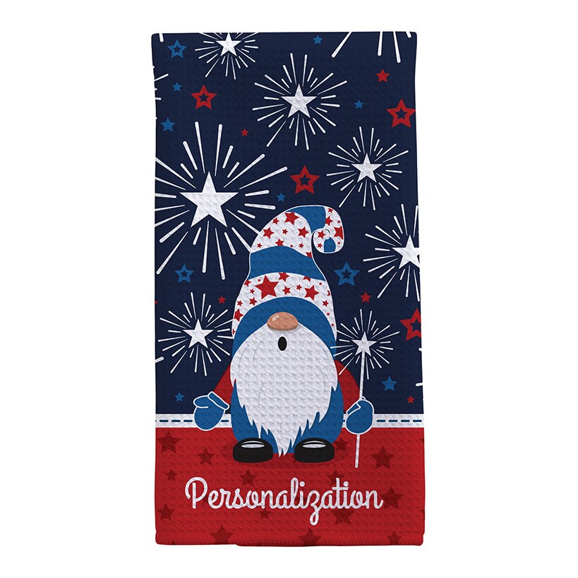 Personalized Patriotic Gnome with Fireworks Waffle Tea Towel