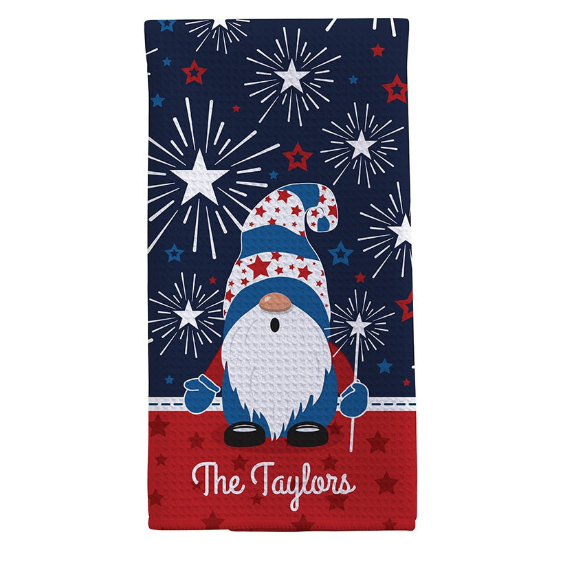 Personalized Patriotic Gnome with Fireworks Waffle Tea Towel