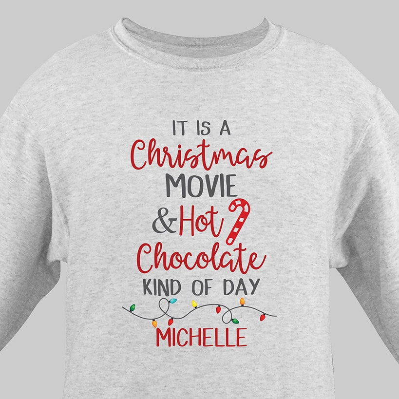 Personalized Christmas Movie and Hot Chocolate Sweatshirt Grey