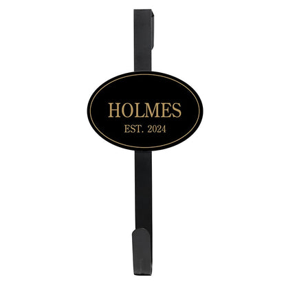 Personalized Family Name Black and Gold Wreath Hanger or Oval Plaque